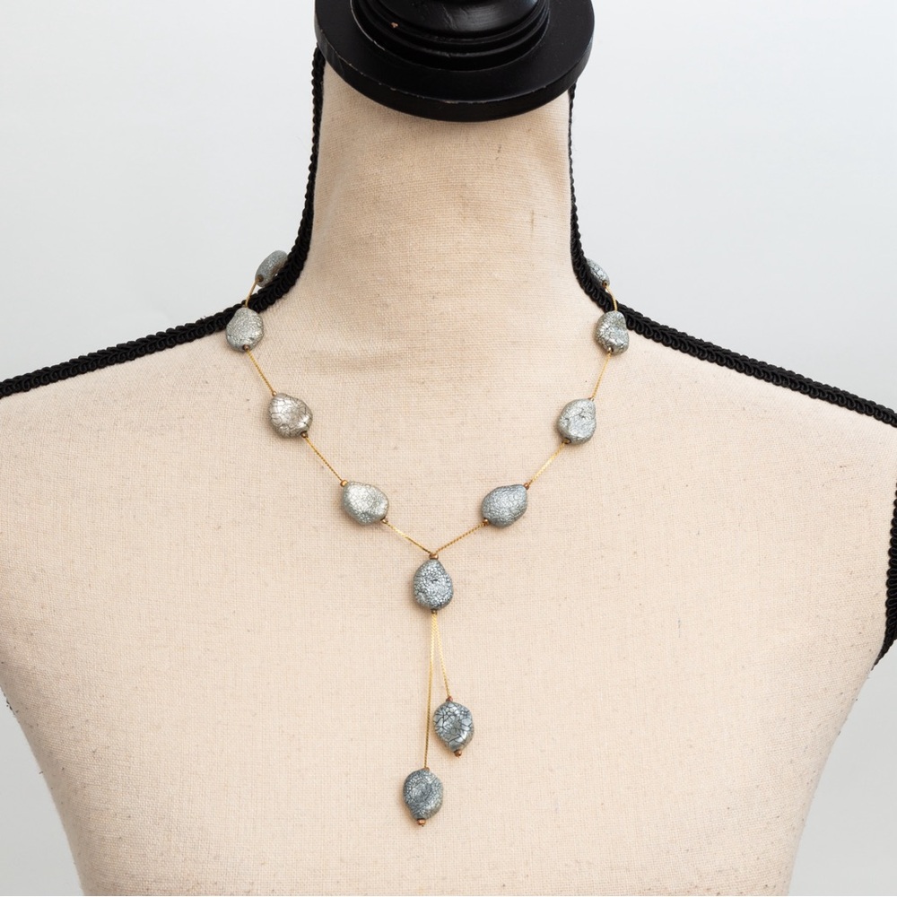 Y necklace style choker silver tone nugget & gold tone chain